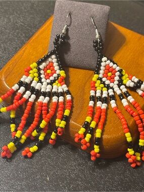 Southwestern Orange, Yellow & Black Seed Bead Fringe Earrings Candy-corn Fall